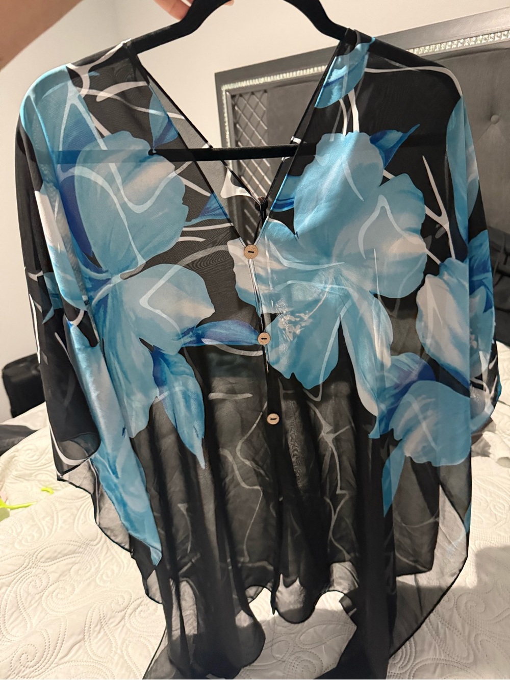Sheer Floral Button-Front Women’s Top - Blue/Black